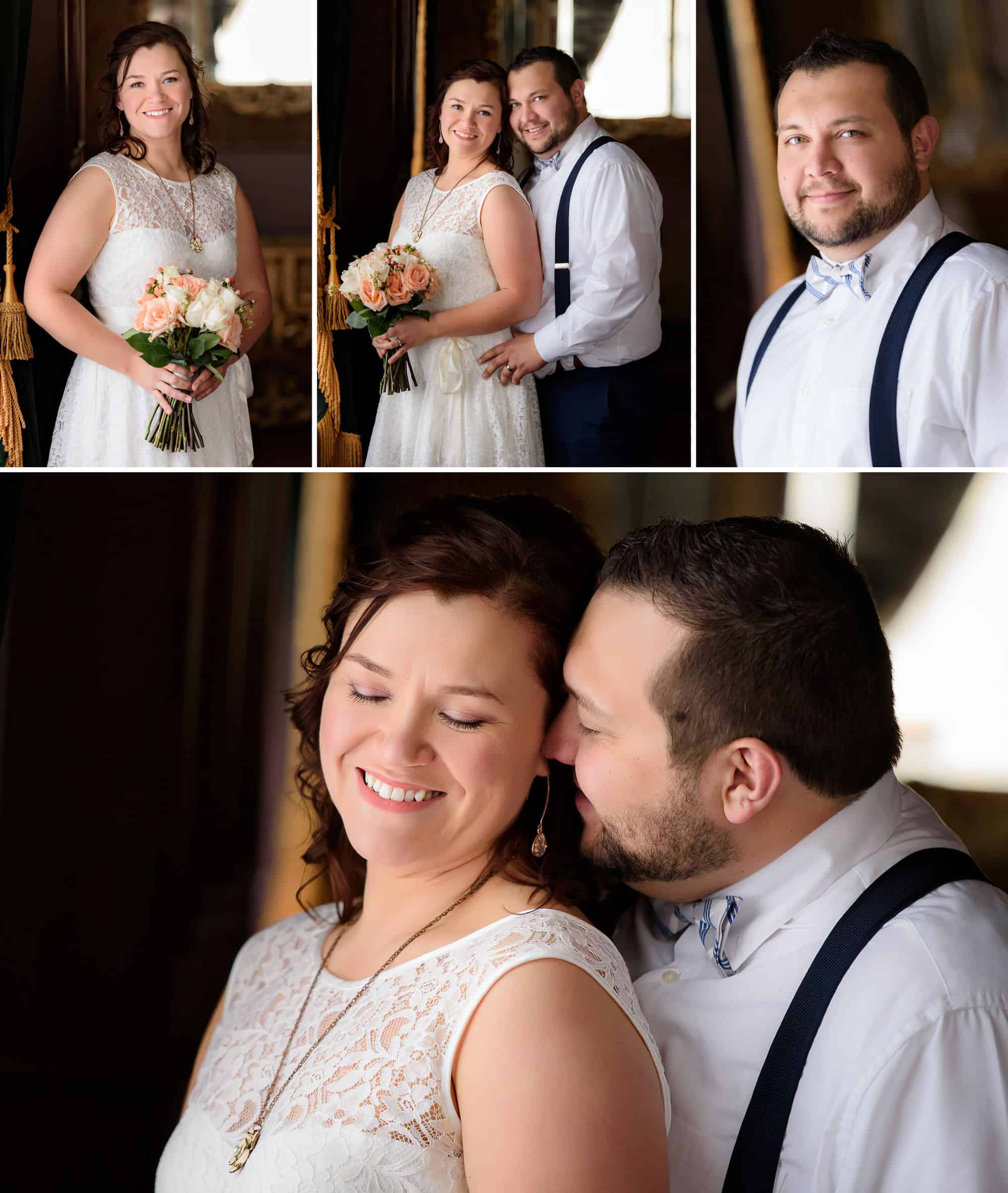 Portraits of bride and groom at Landmark Inn in Marquette, Michigan
