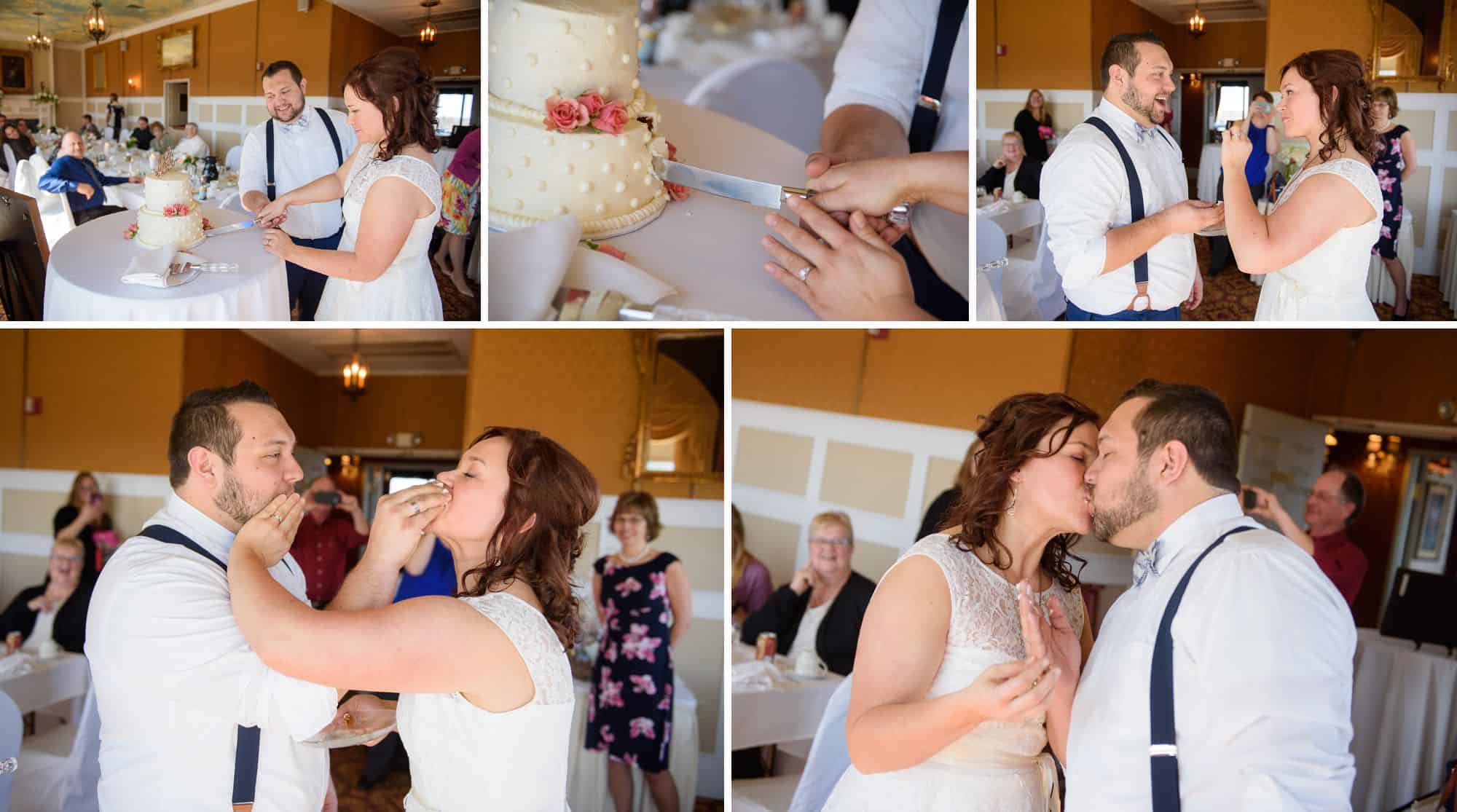 Bride and groom cutting the cake at Landmark Inn Wedding Reception