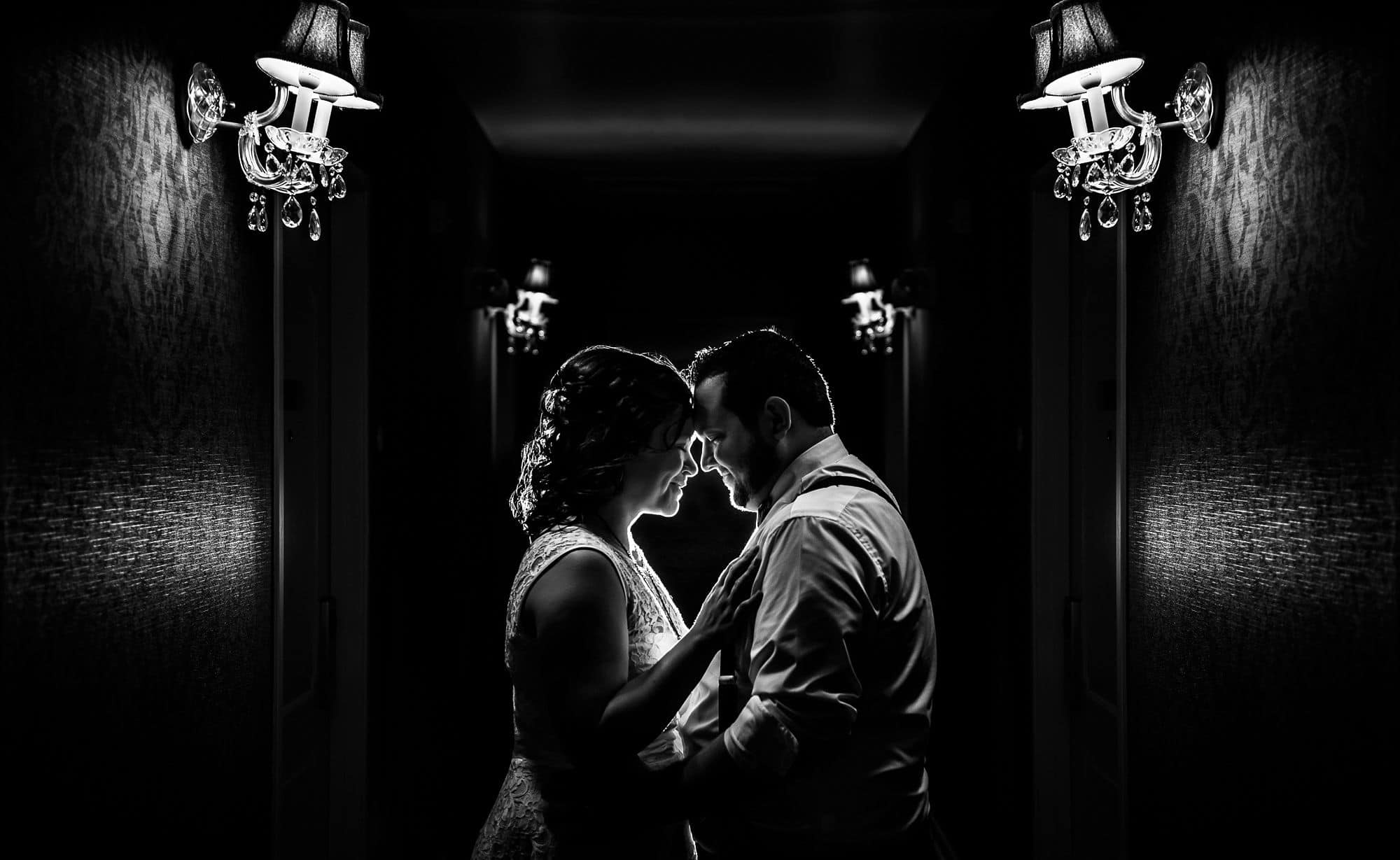 Dramatic portrait of the bride and groom at Landmark Inn in Marquette Michigan